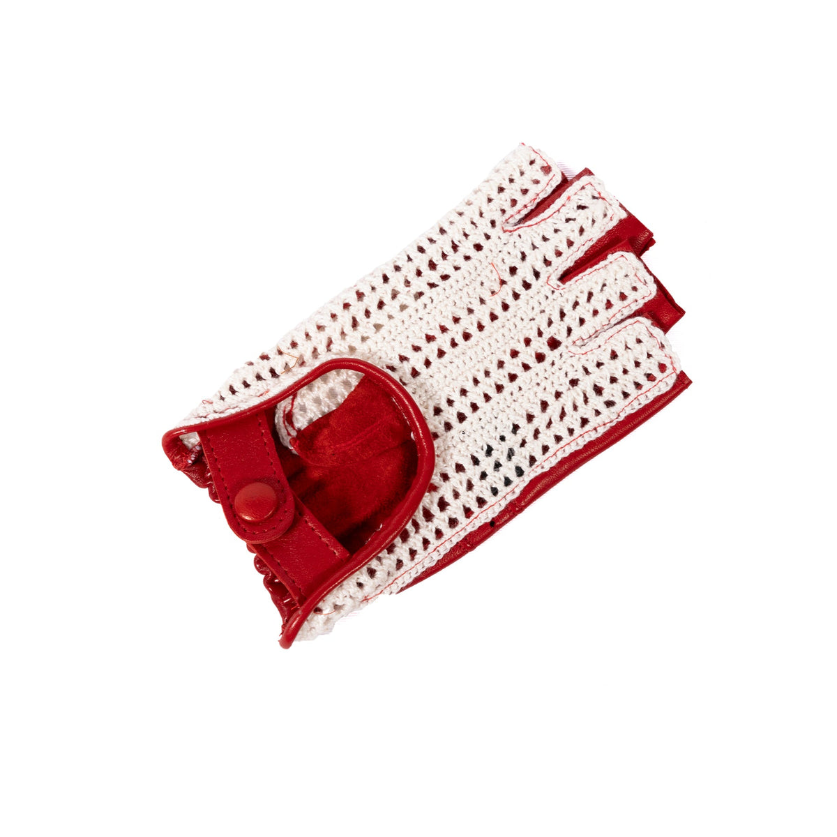 Fold Crochet-Back Driving Gloves in Red, view 3