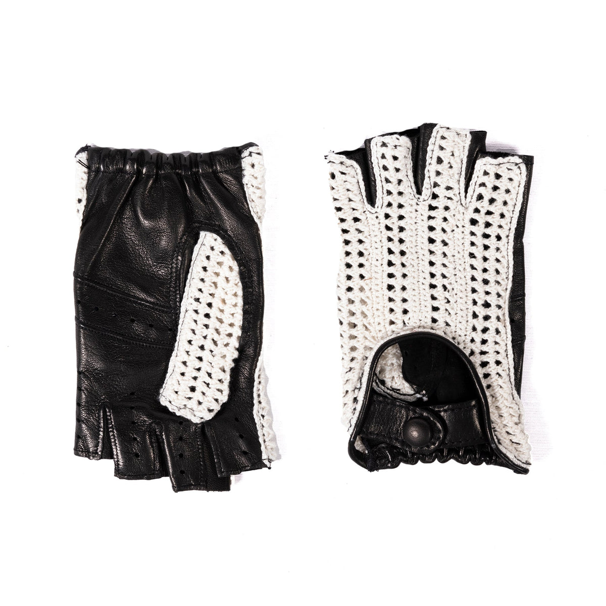 Fold Crochet-Back Driving Gloves in Black, view 2