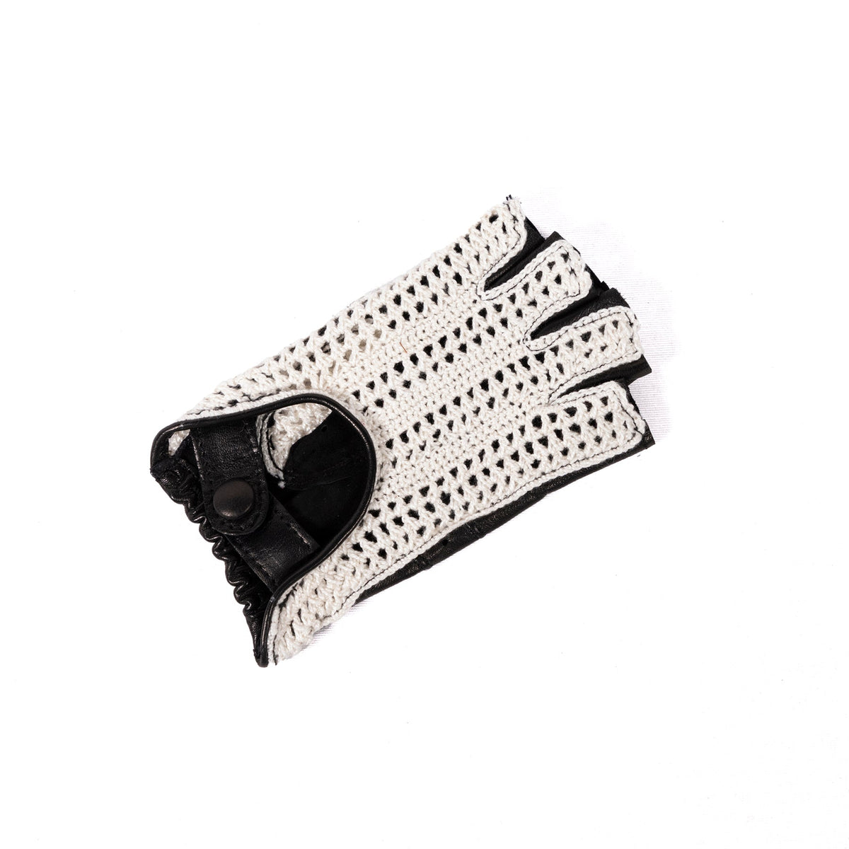 Fold Crochet-Back Driving Gloves in Black, view 3