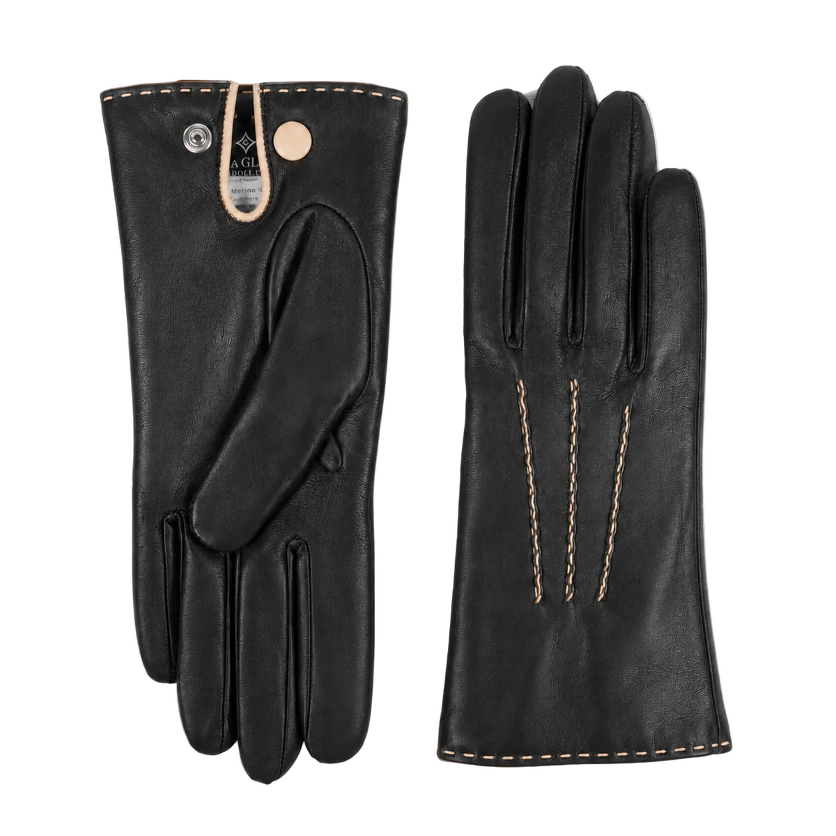 Line Contrast-Stitched Nappa Gloves in Black, view 2