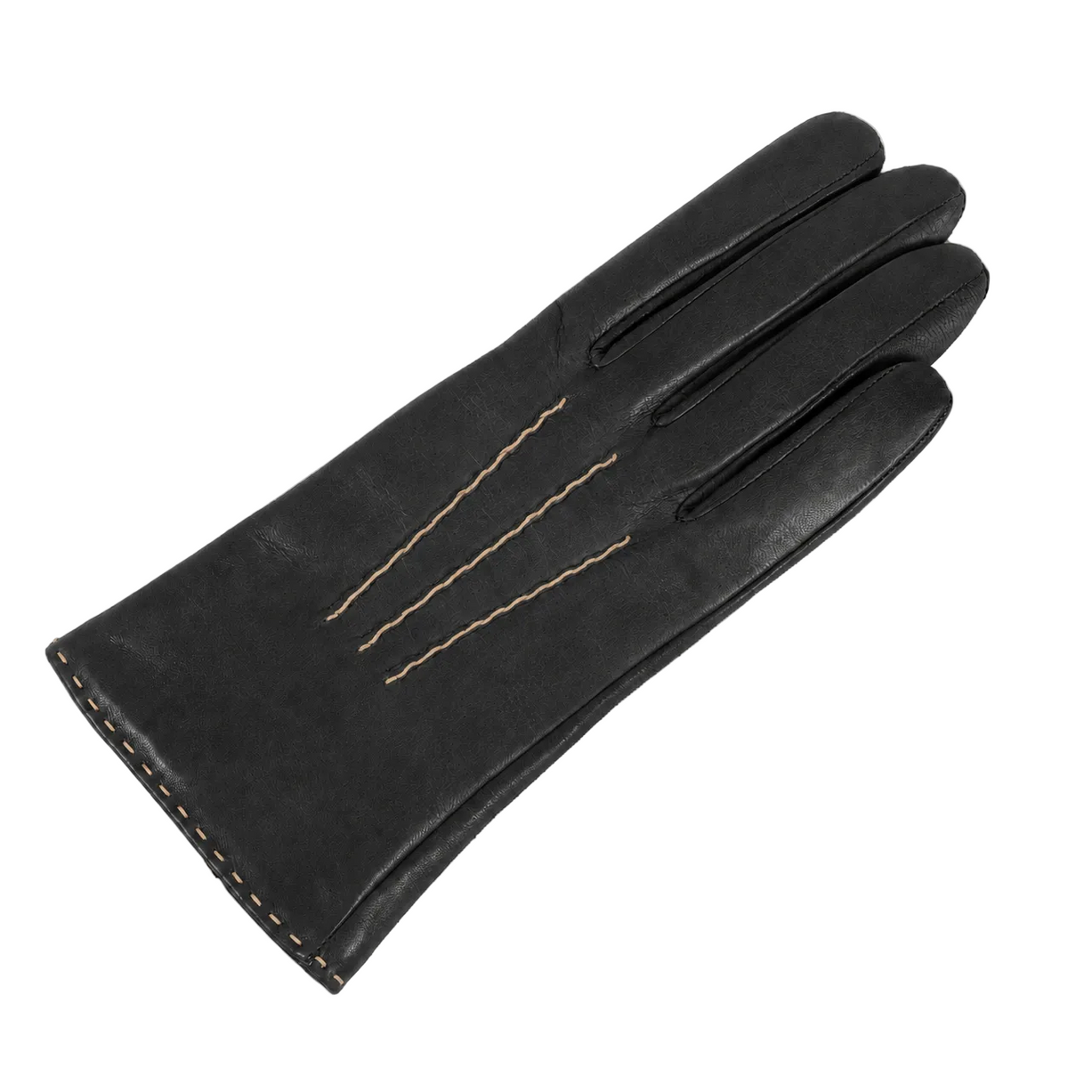 Line Contrast-Stitched Nappa Gloves in Black, view 3