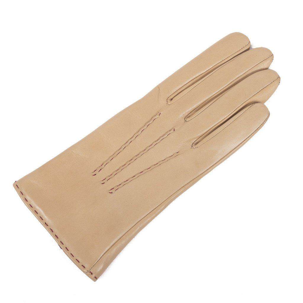 Line Contrast-Stitched Nappa Gloves in Alpaca, view 3