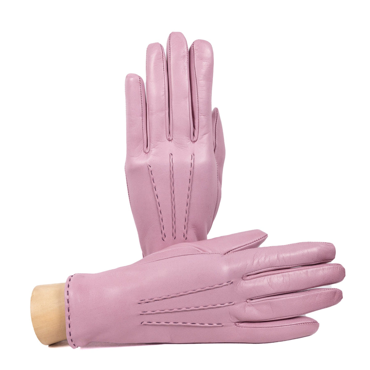 Line Contrast-Stitched Nappa Gloves in Grey Pink, primary view