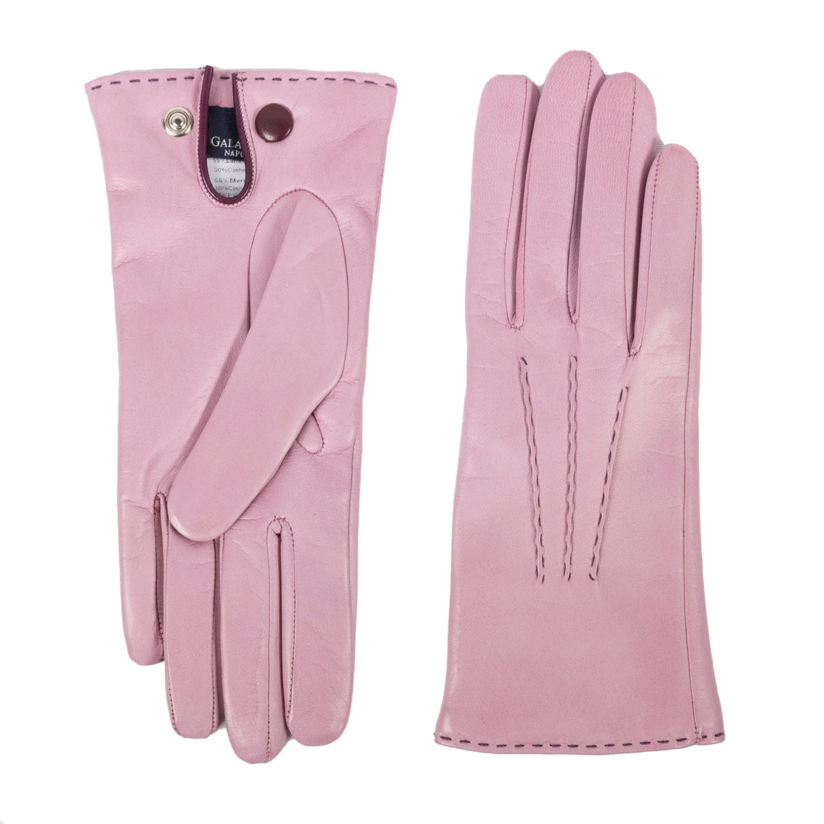 Line Contrast-Stitched Nappa Gloves in Grey Pink, view 2