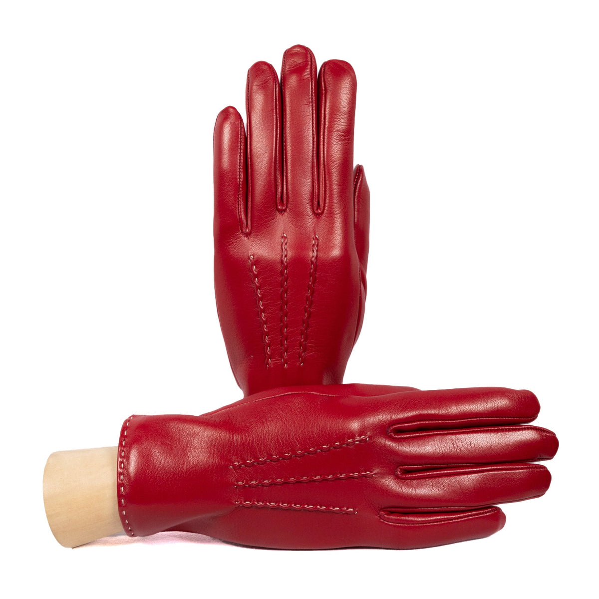 Line Contrast-Stitched Nappa Gloves in Deep Red, primary view