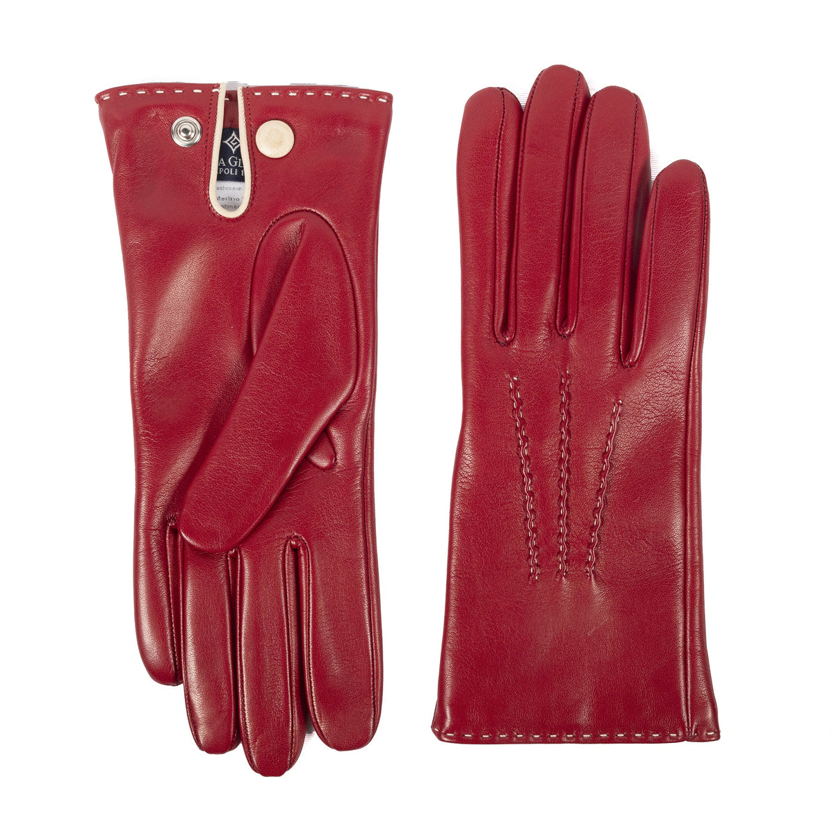 Line Contrast-Stitched Nappa Gloves in Deep Red, view 2
