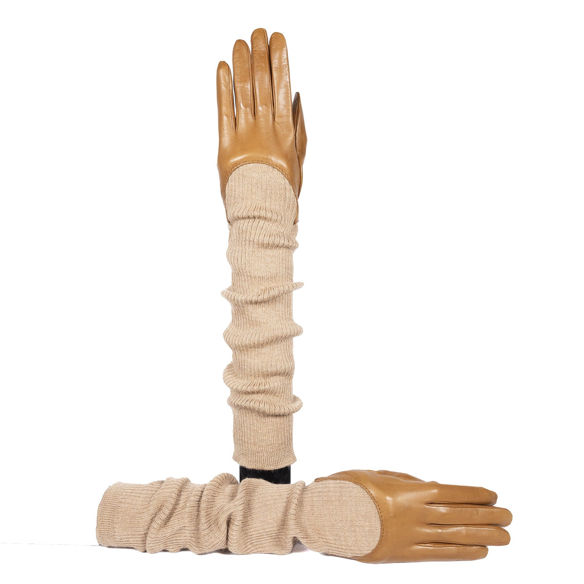 Line Leather Gloves with Ribbed Wool Sleeve in Camel, primary view