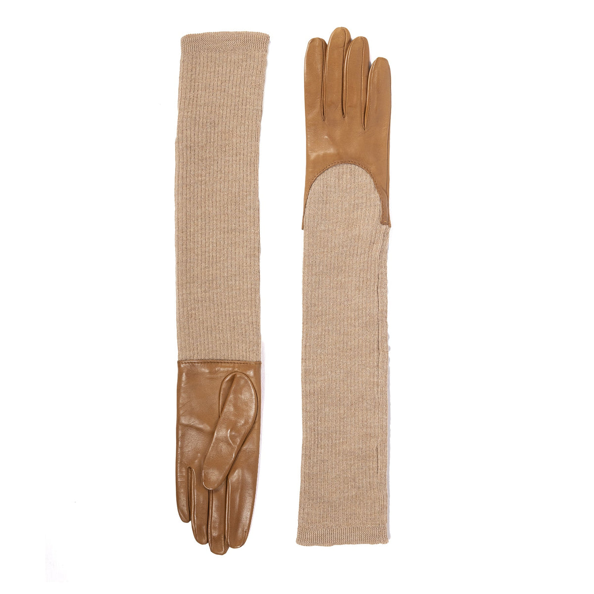 Line Leather Gloves with Ribbed Wool Sleeve in Camel, view 2