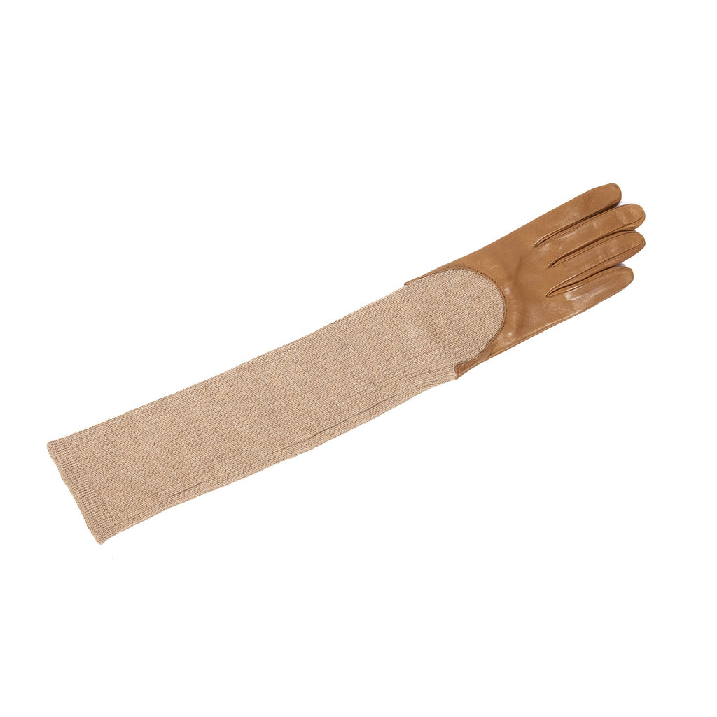 Line Leather Gloves with Ribbed Wool Sleeve in Camel, view 3