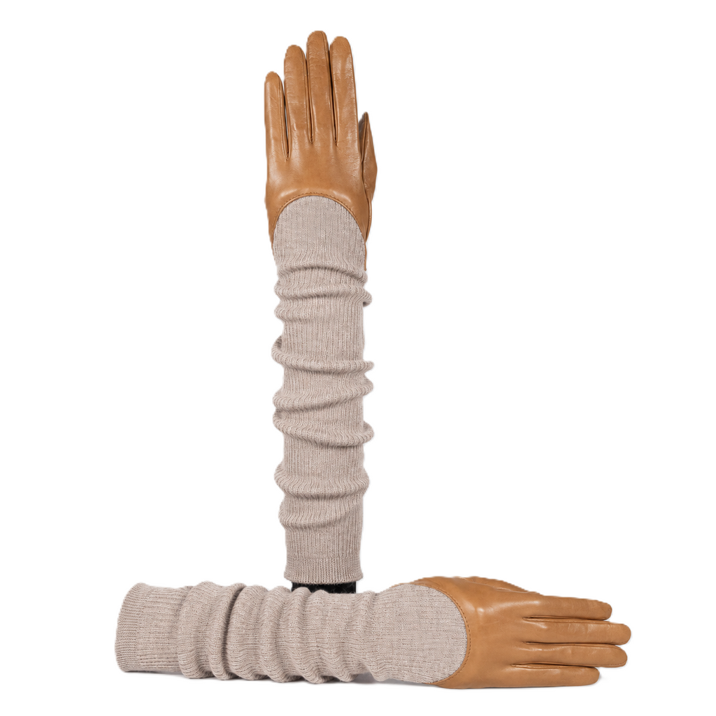 Line Leather Gloves with Ribbed Wool Sleeve in Camel, view 4