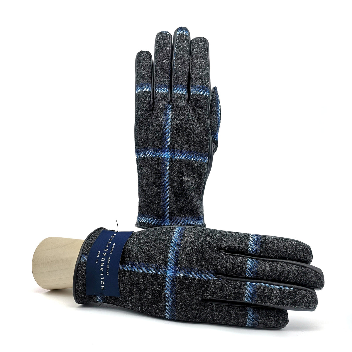 Line Wool-Back Leather Gloves in Navy / Turquoise, primary view