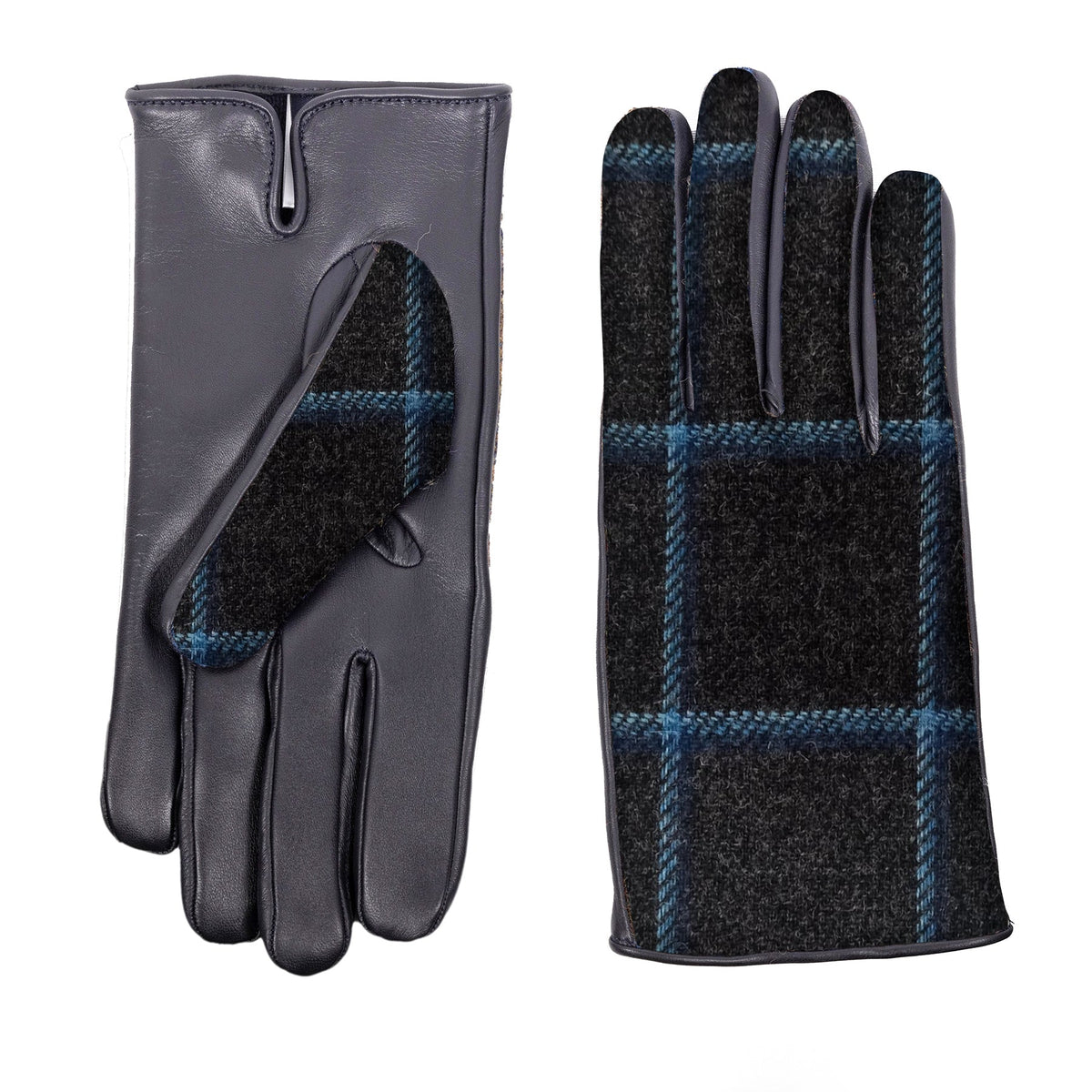 Line Wool-Back Leather Gloves in Navy / Turquoise, view 2