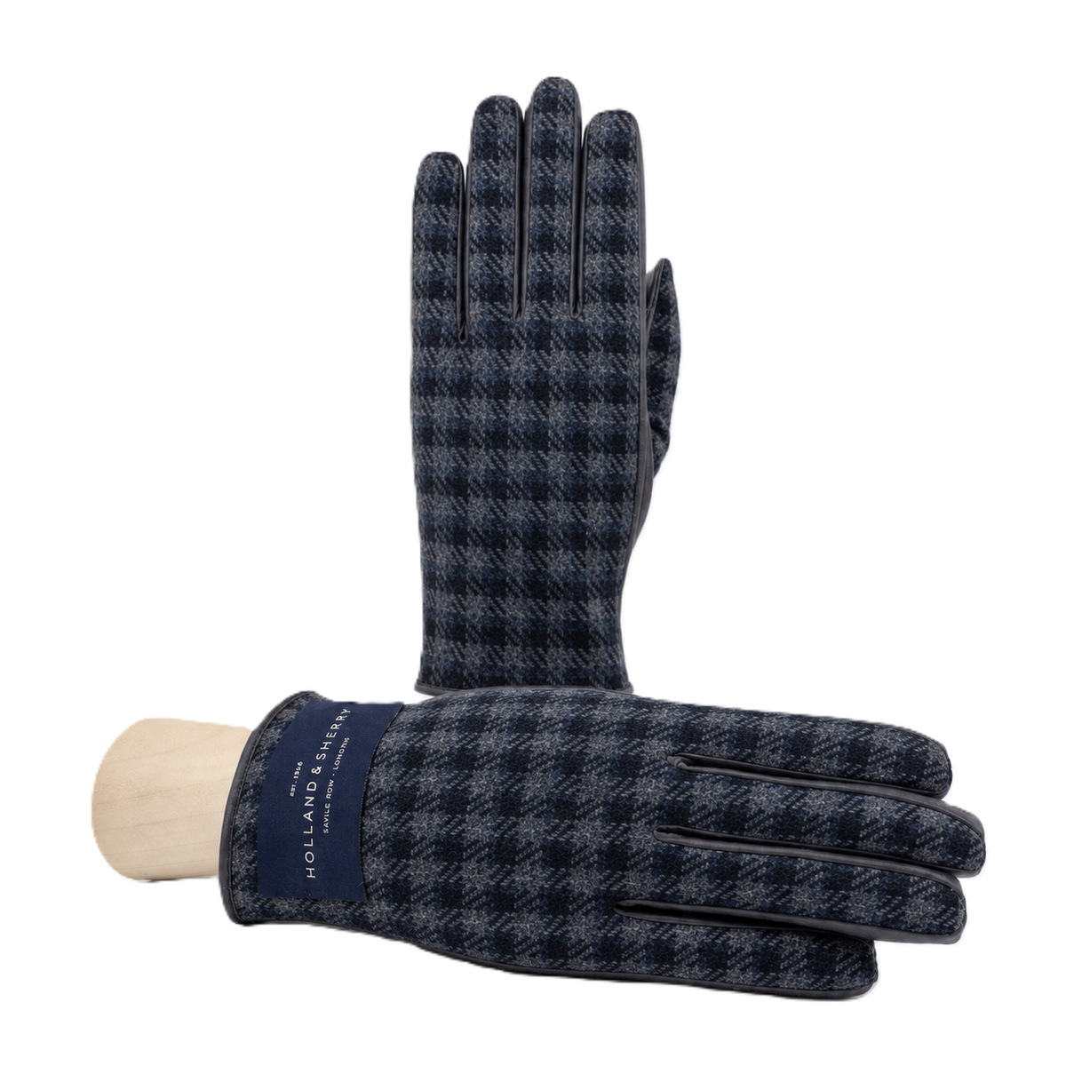 Line Wool-Back Leather Gloves in Navy Check, primary view
