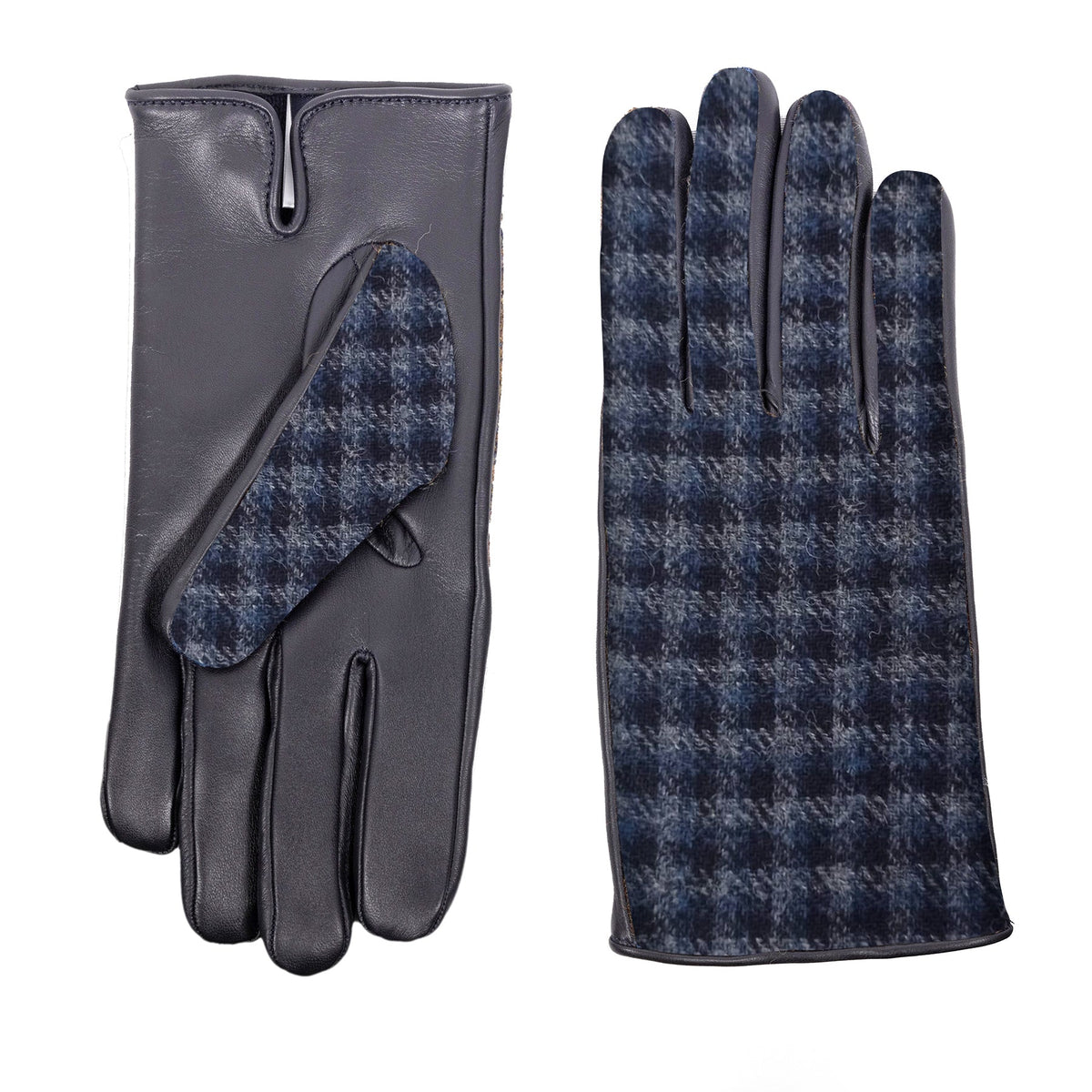 Line Wool-Back Leather Gloves in Navy Check, view 2