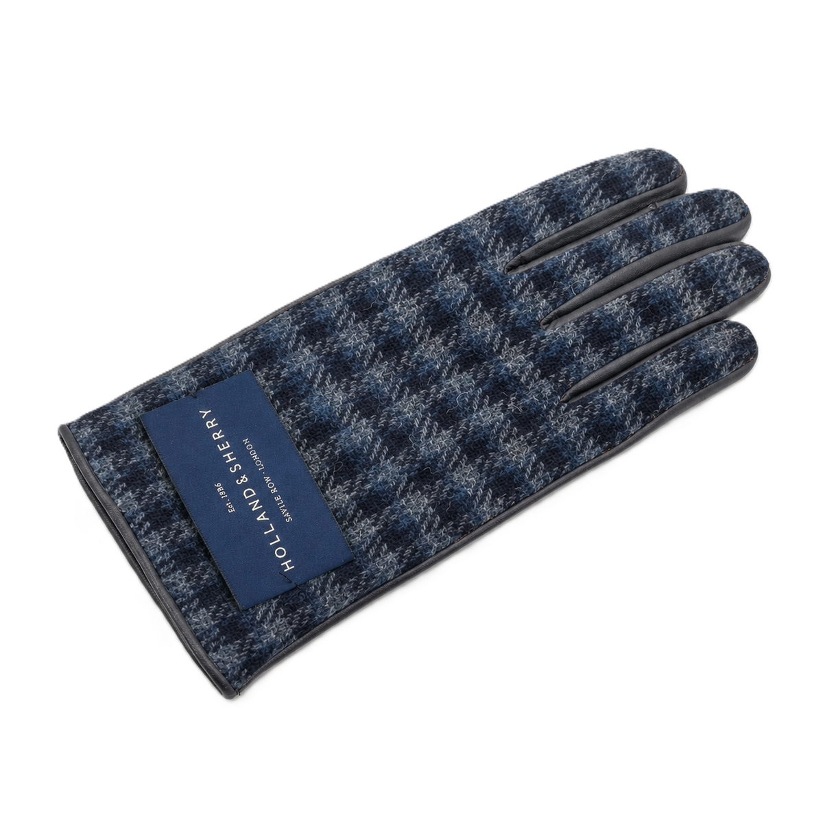 Line Wool-Back Leather Gloves in Navy Check, view 3