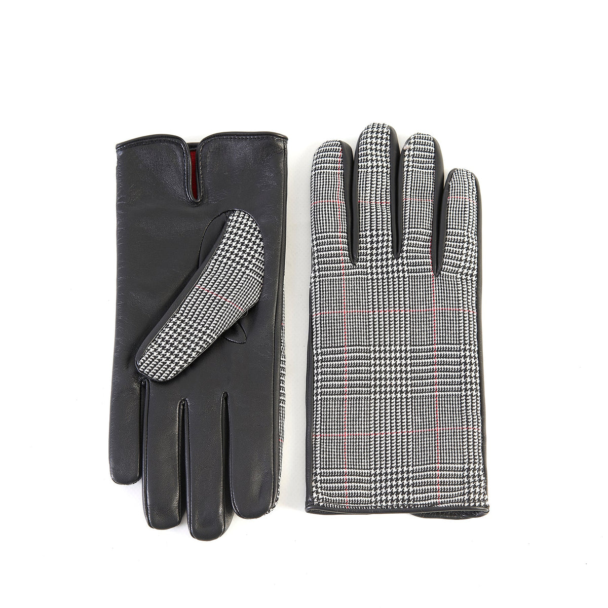 Line Wool-Back Leather Gloves in Navy Check, view 4
