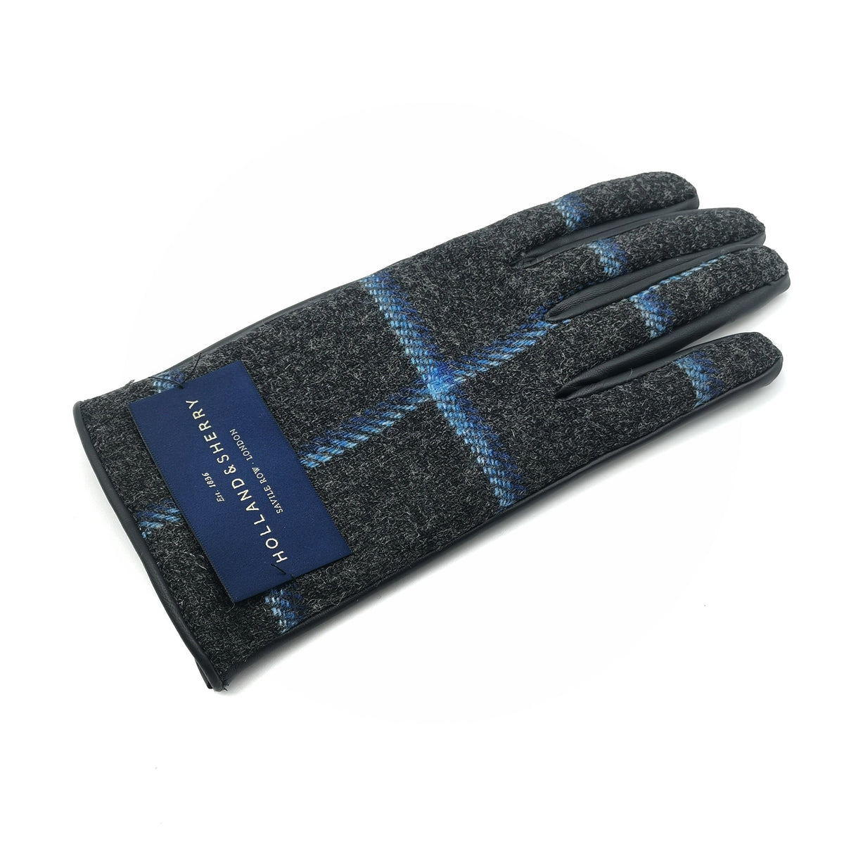 Line Wool-Back Leather Gloves in Navy / Turquoise, view 3