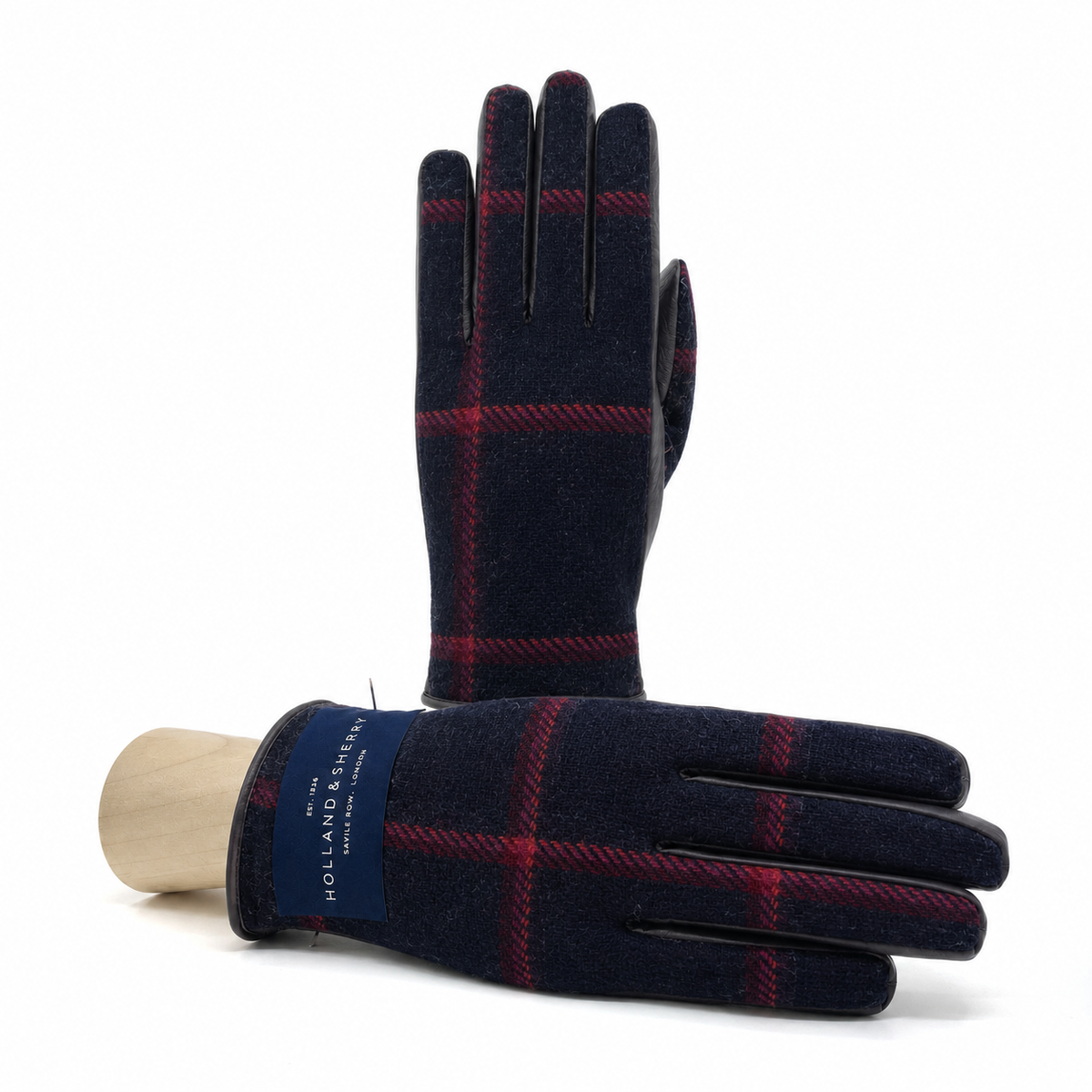 Line Wool-Back Leather Gloves in Blue / Fuchsia, primary view