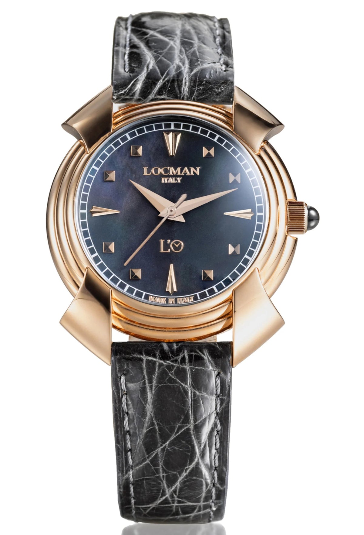 Decimo Canto in 18K Gold - Black Mother - of - Pearl - Black Alligator Leather - Rose Gold Applied Hour Markers, primary view