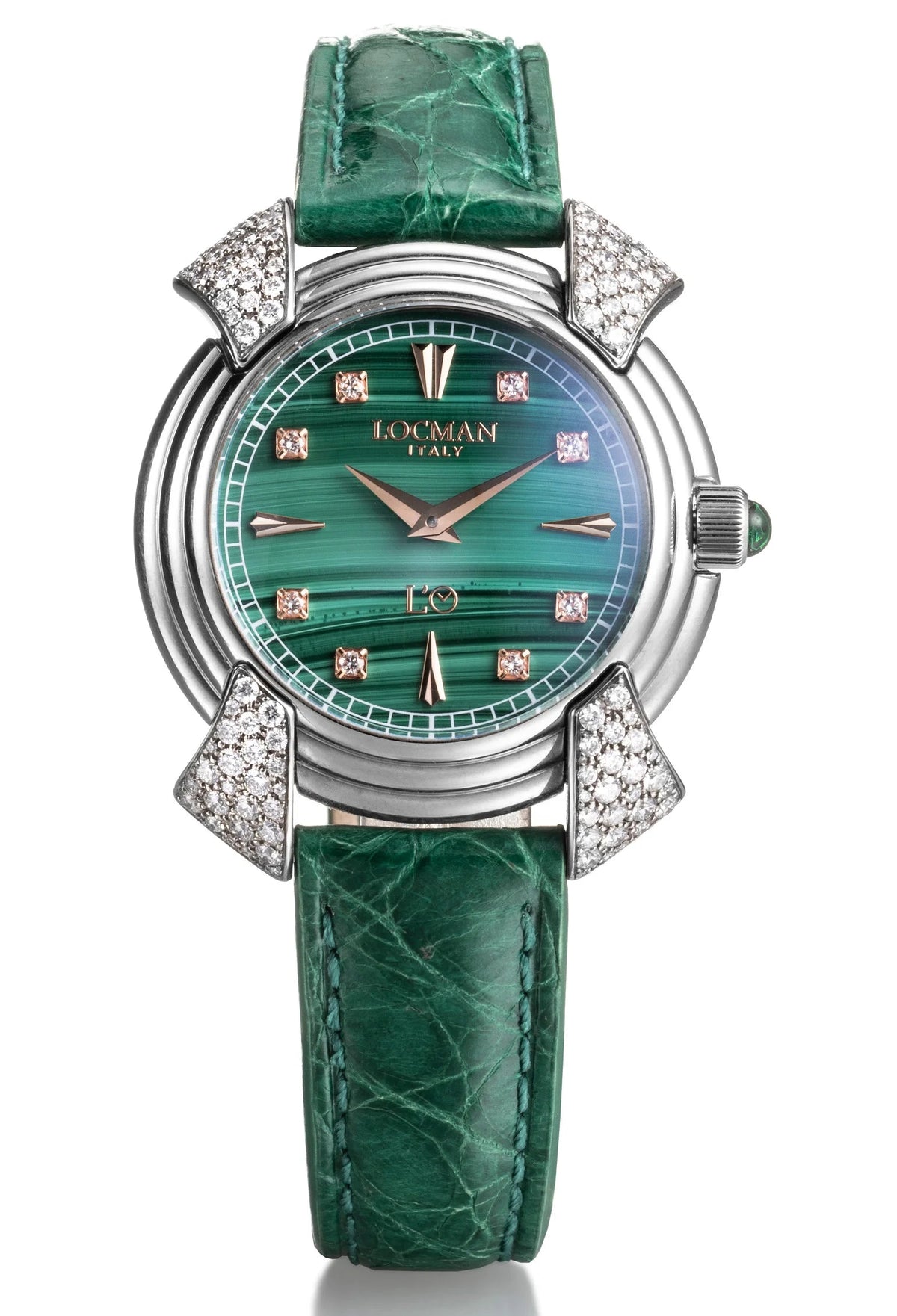 Decimo Canto in Titanium and Diamonds - Malachite - Green Alligator Strap - Rose Gold Hour Markers and Set Diamonds, primary view