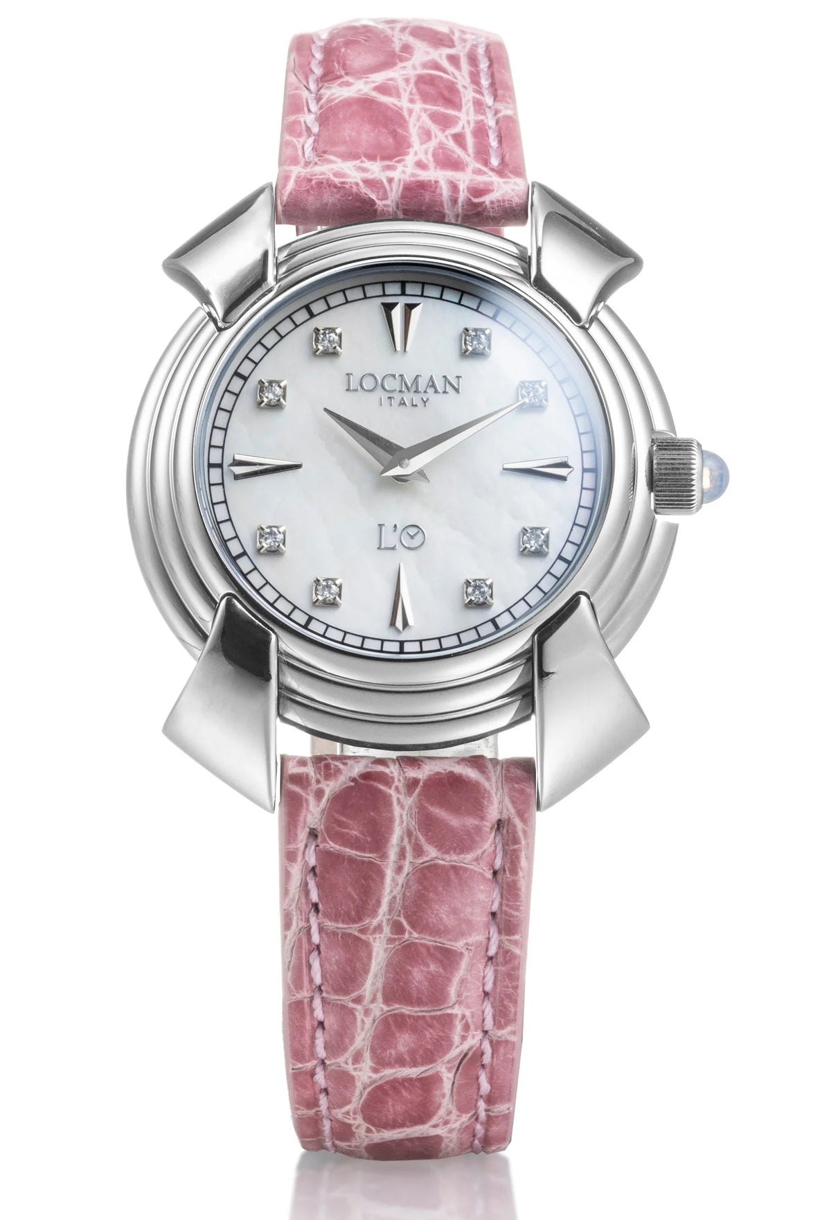 Decimo Canto in Titanium - White Mother - of - Pearl - Pink Alligator Leather - Applied Indexes and Diamonds, primary view