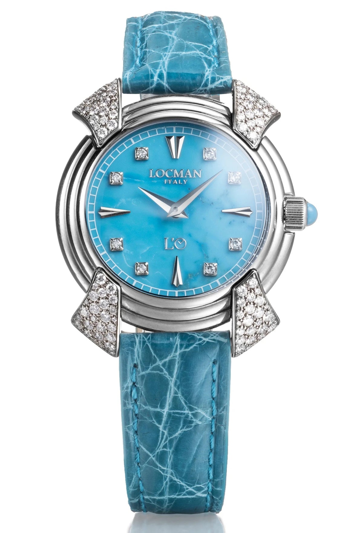 Decimo Canto in Titanium and Diamonds - Turquoise - Light Blue Alligator Strap - Applied Indexes and Diamonds, primary view
