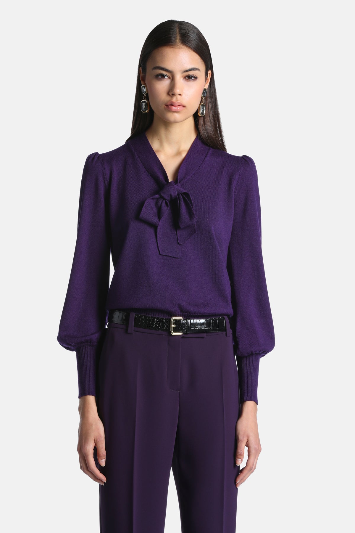 Maggiolone Knit Blouse With Lavallière Neckline in Eggplant Purple, primary view