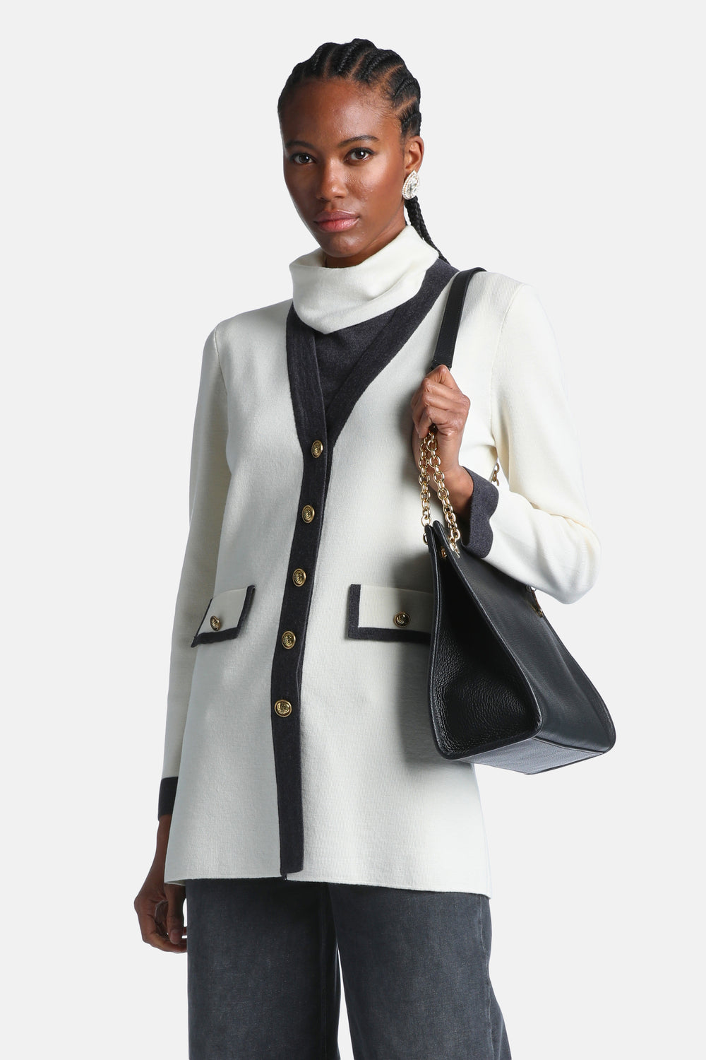 Malvia Long Cardigan With Contrast Trims in Cream-Gray, primary view [fp-color:cream-gray]