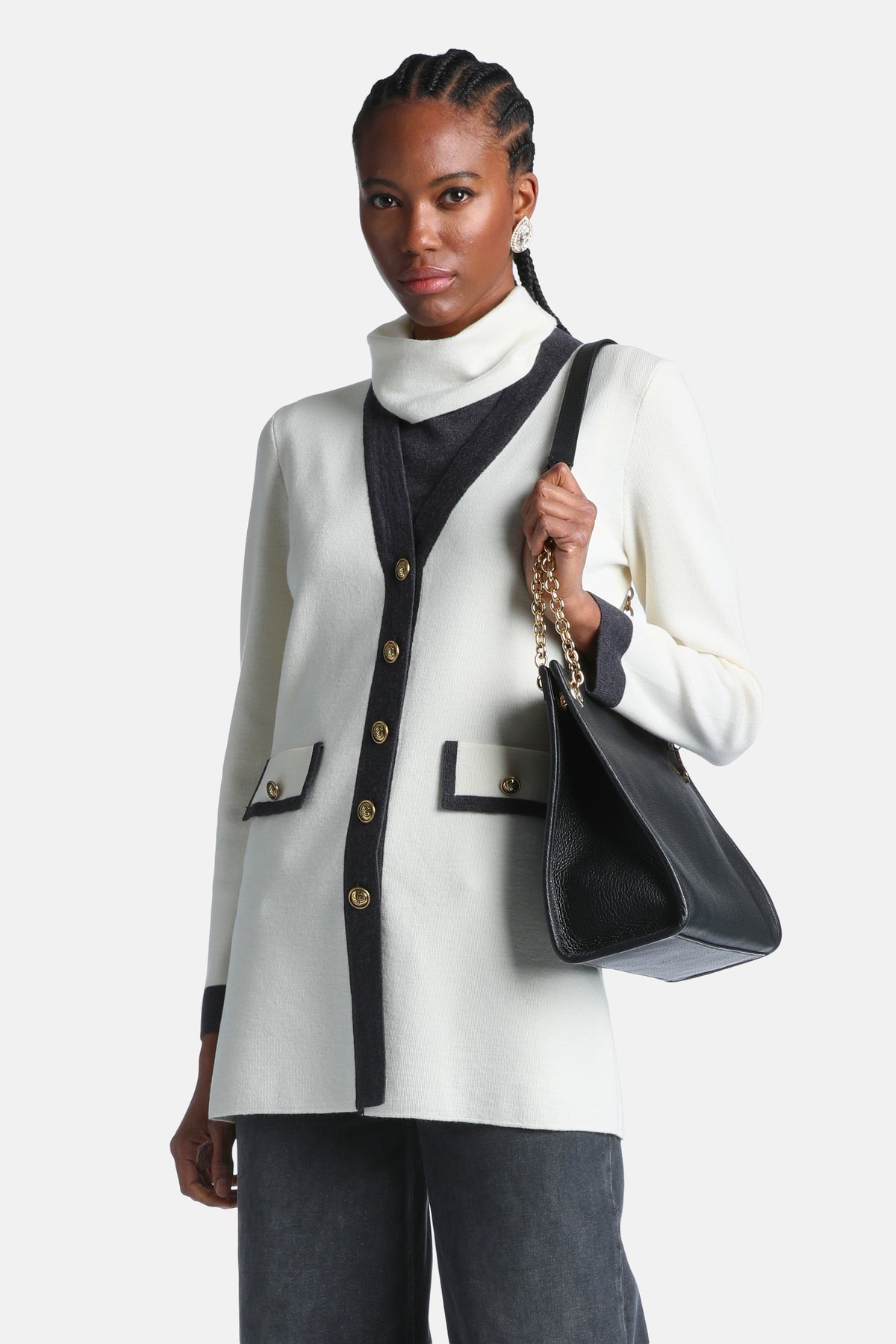 Malvia Long Cardigan With Contrast Trims in Cream-Gray, primary view