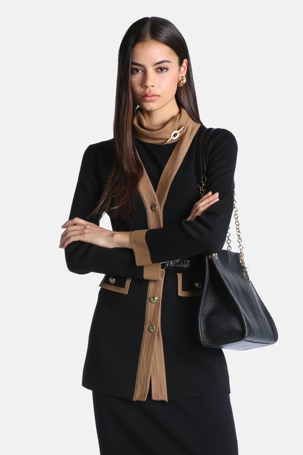 Malvia Long Cardigan With Contrast Trims in Black-Camel, primary view