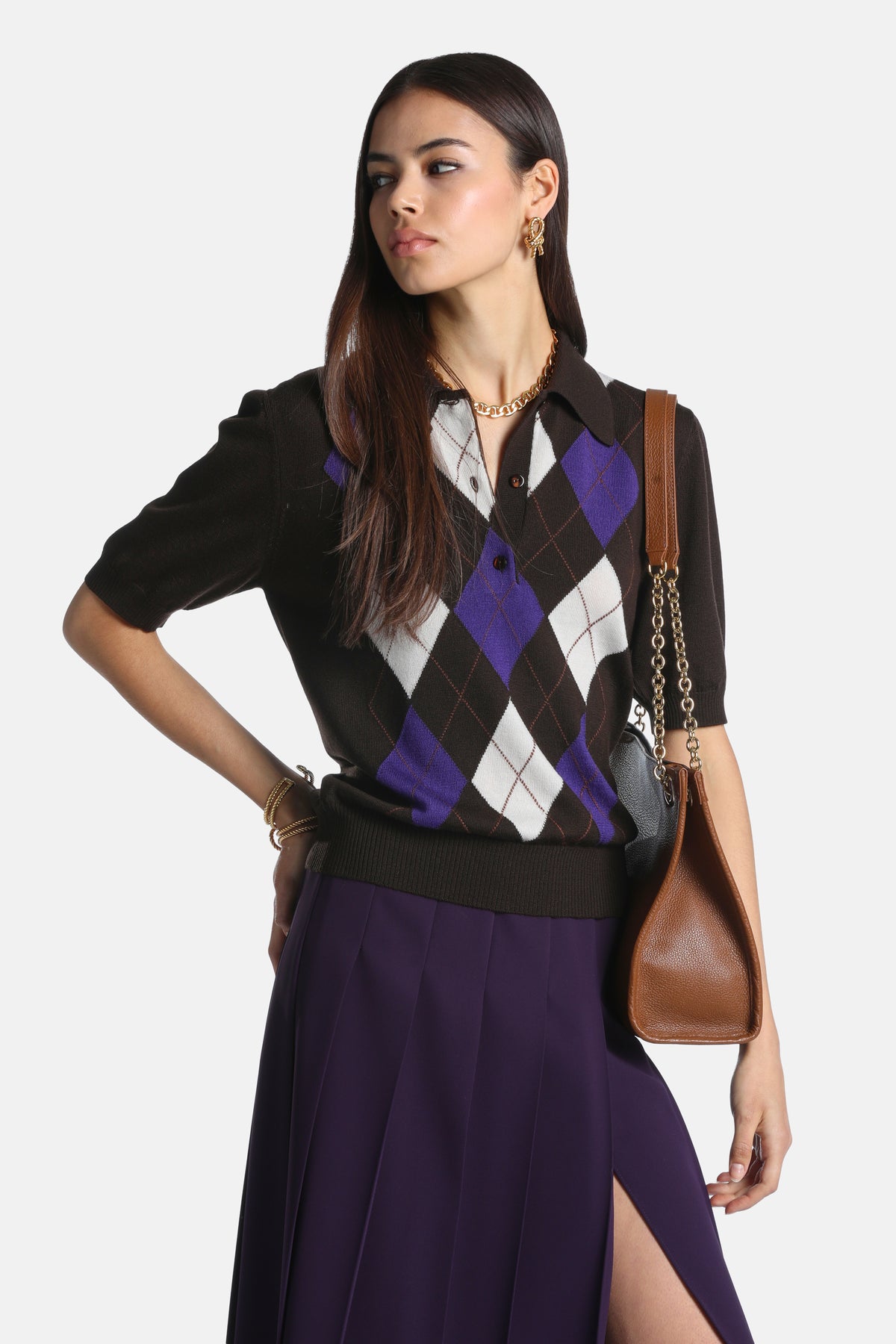 Marius Short-Sleeved Polo in Black-Purple Argyle, primary view