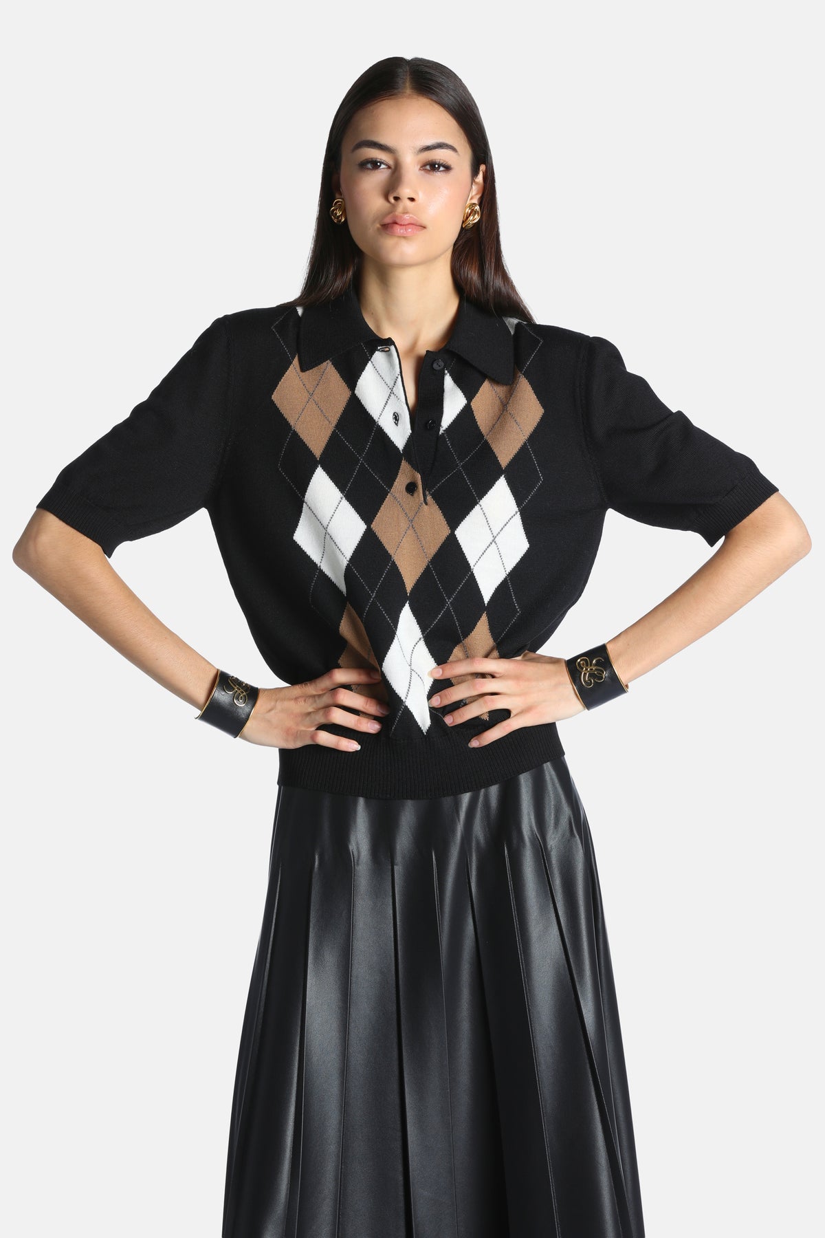 Marius Short-Sleeved Polo in Black-Camel Argyle, primary view