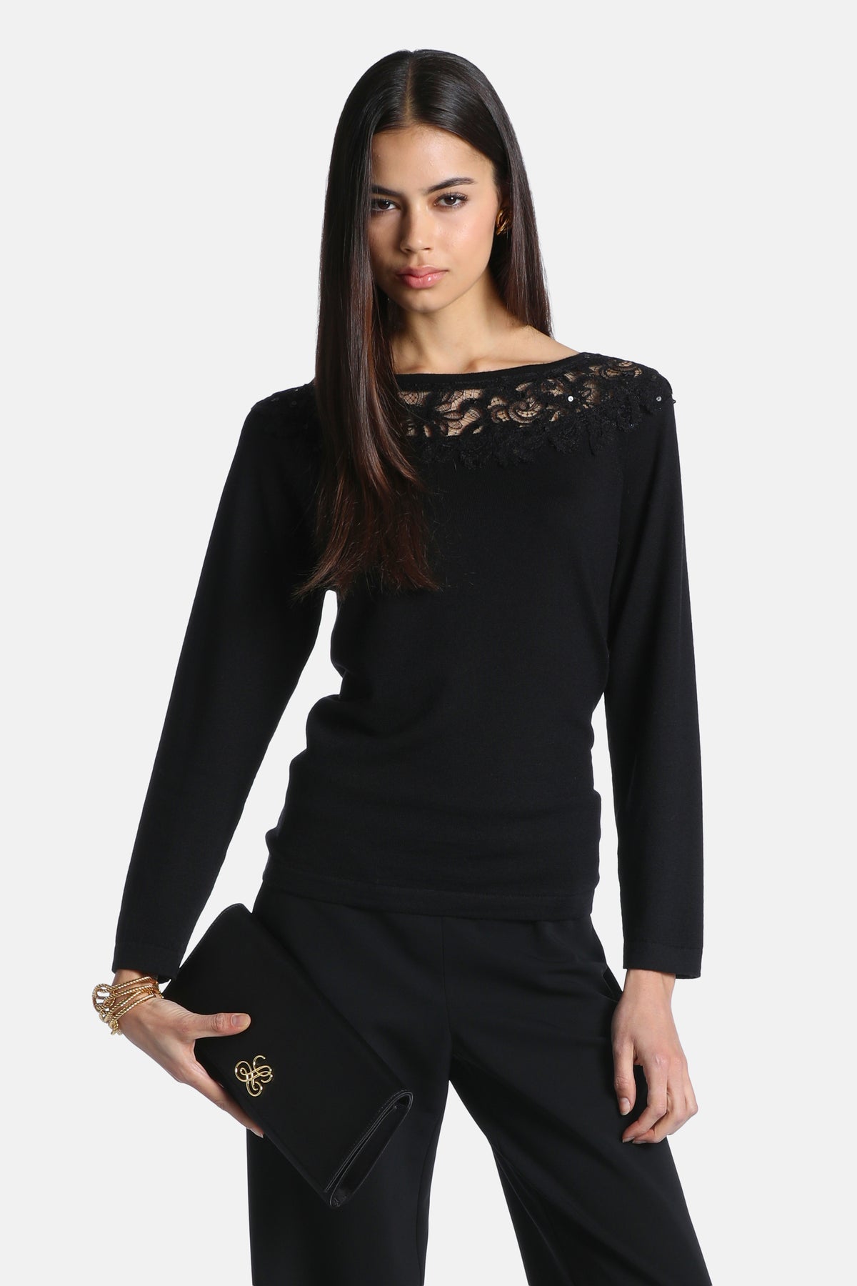 Murice Knit Tunic With Lace Insert in Black, primary view