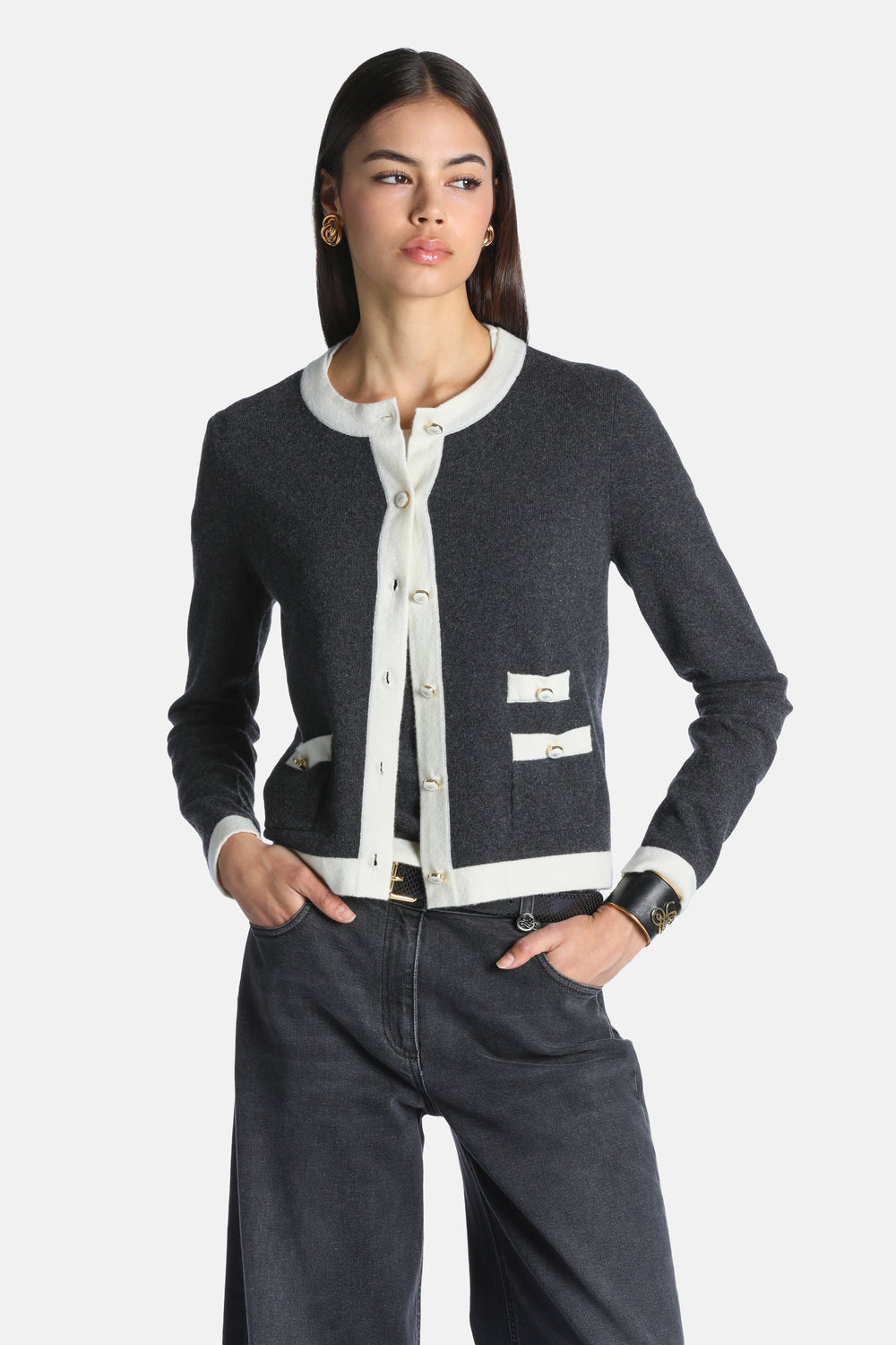 Cuoricino Wool And Cashmere Cardigan in Gray-Cream, primary view [fp-color:gray-cream]