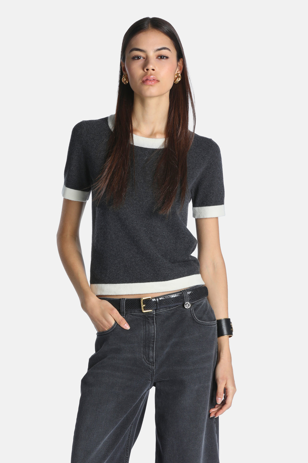 Casilda Wool And Cashmere Top in Gray-Cream, primary view [fp-color:gray-cream]