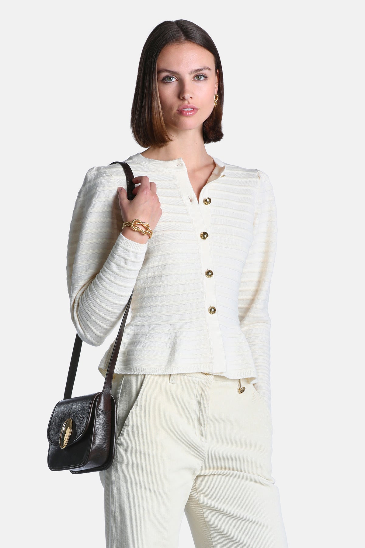 Modici Statement Cardigan With Heraldic Buttons in Cream, primary view