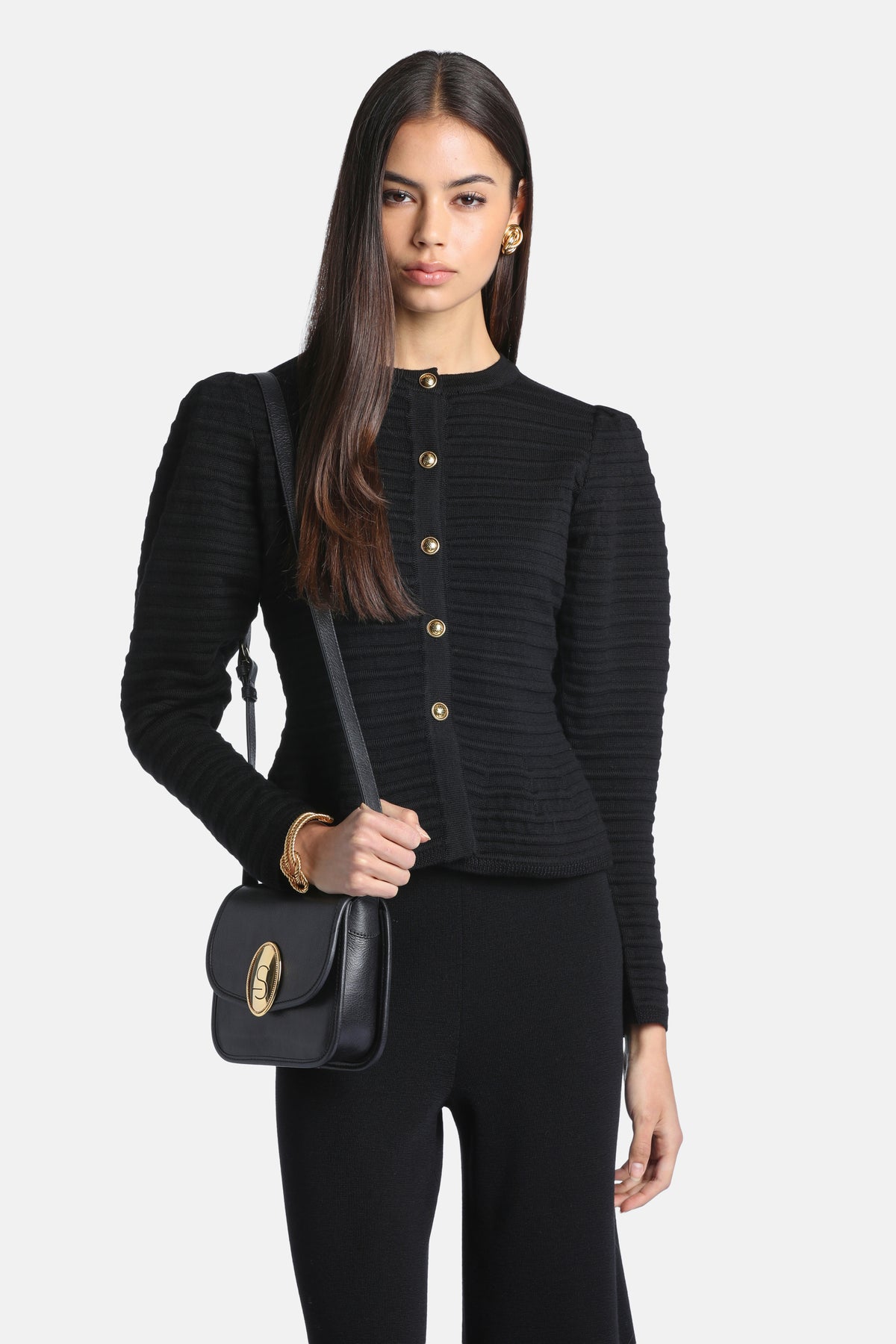 Modici Statement Cardigan With Heraldic Buttons in Black, primary view
