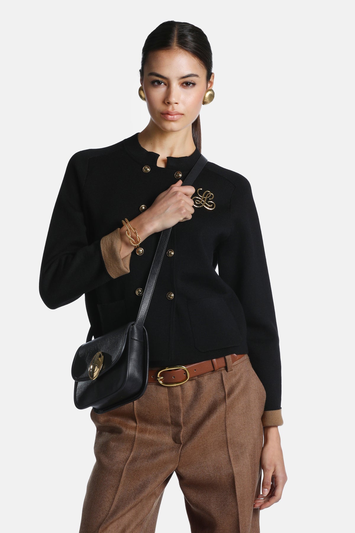 Meltina Short Textured Wool Jacket in Black-Camel, primary view