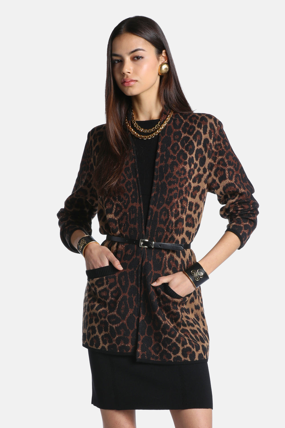 Mantes Belted Animal-Print Cardigan in Brown-Black Animal Print, primary view [fp-color:brown-black-animal-print]