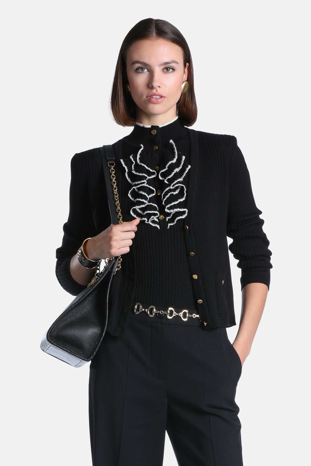 Madira Flat-Rib Cropped Cardigan in Black, primary view