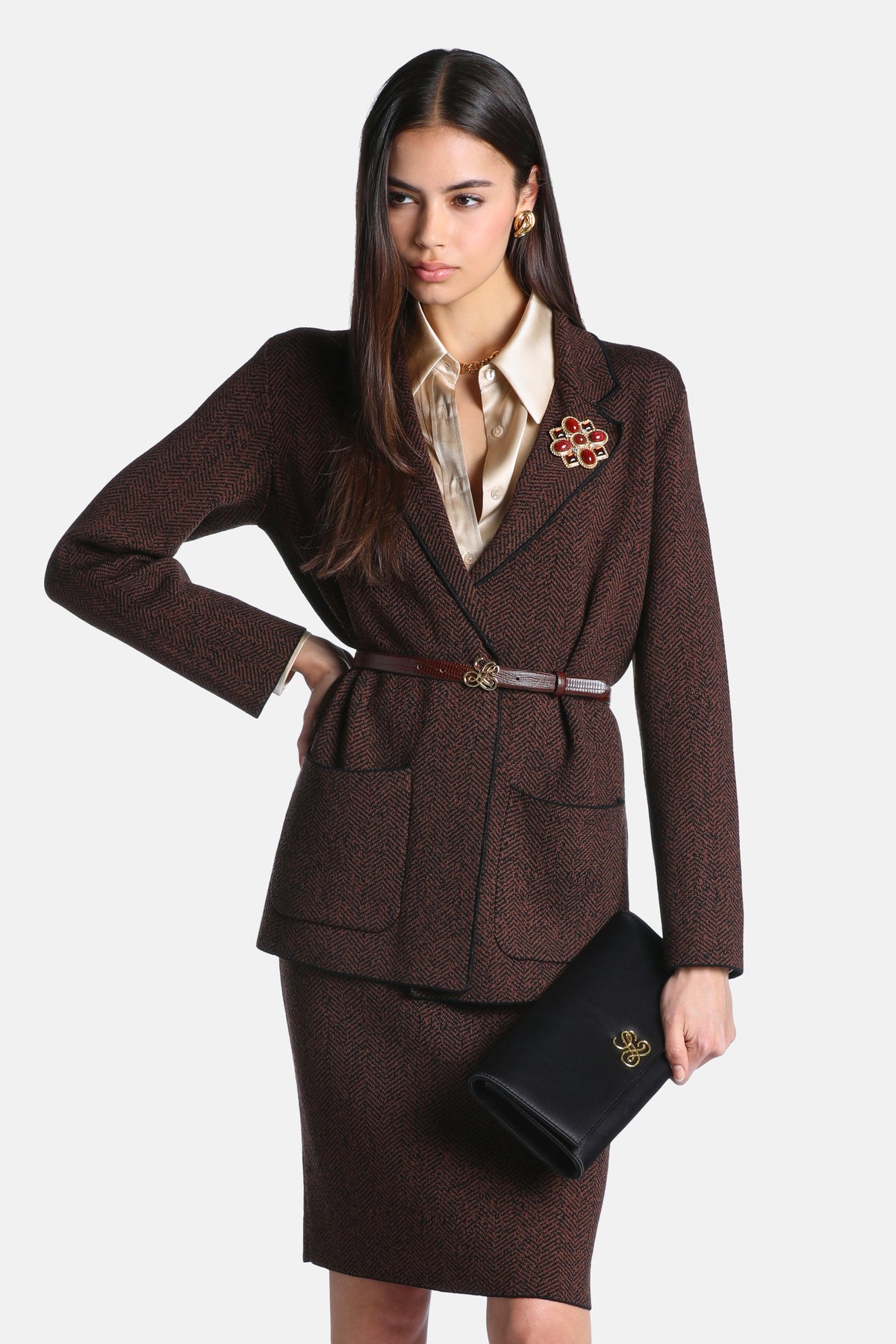 Micologia Knit Jacket With Lapels in Black-Tobacco, primary view