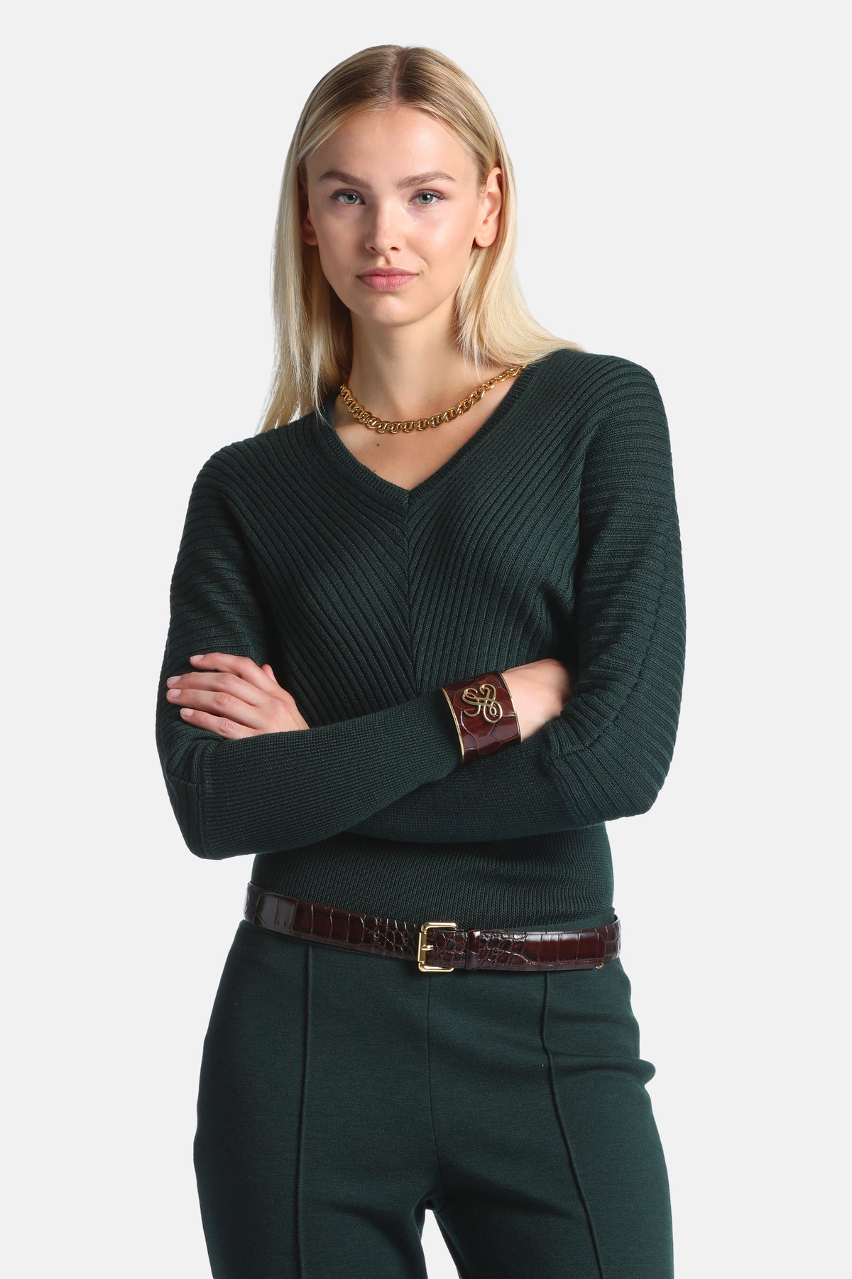 Moralita Batwing-Sleeved Wool Sweater in Bottle-Green, primary view