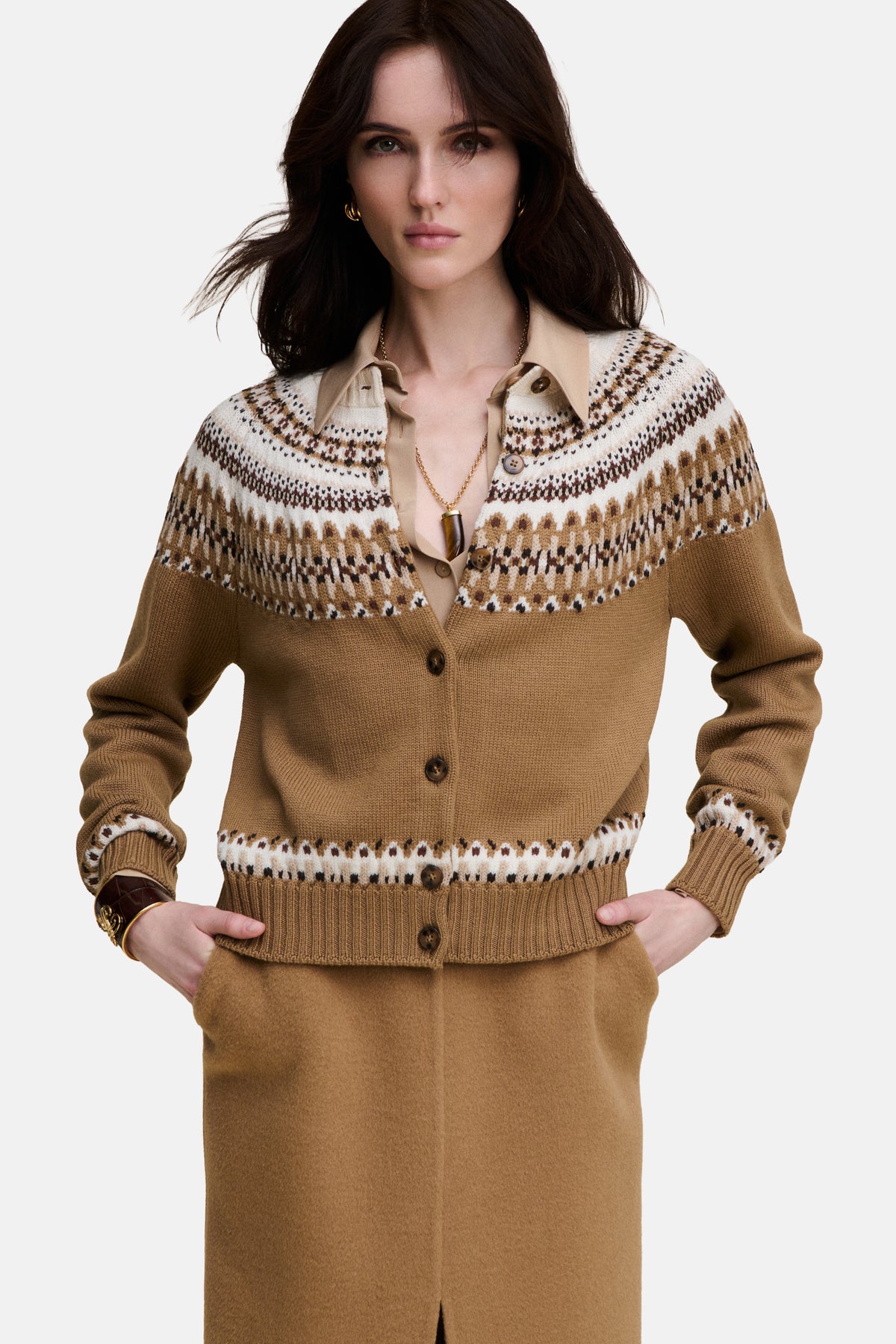 Mity Fair Isle-Inspired Cardigan in Camel, primary view
