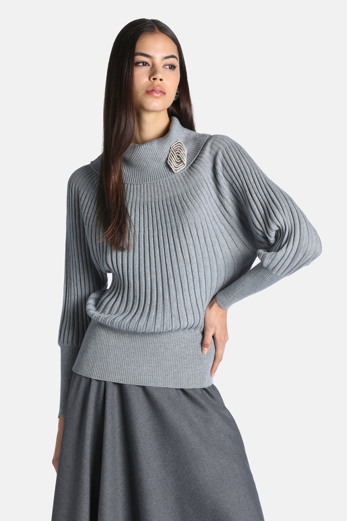 Murcia Raglan-Sleeve Turtleneck Sweater in Grey Melange, primary view