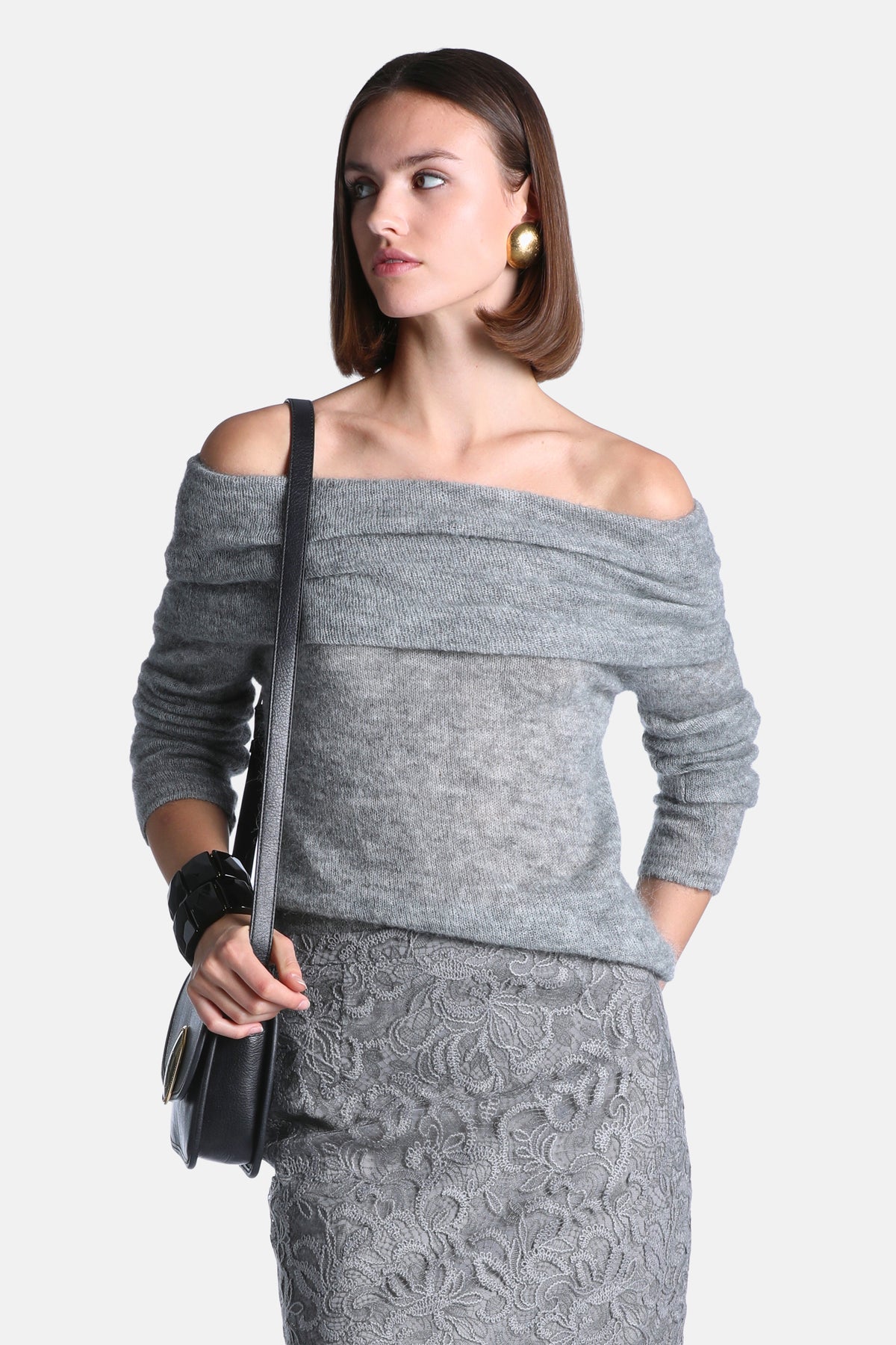Capire Off-The-Shoulder Sweater in Grey Melange, primary view