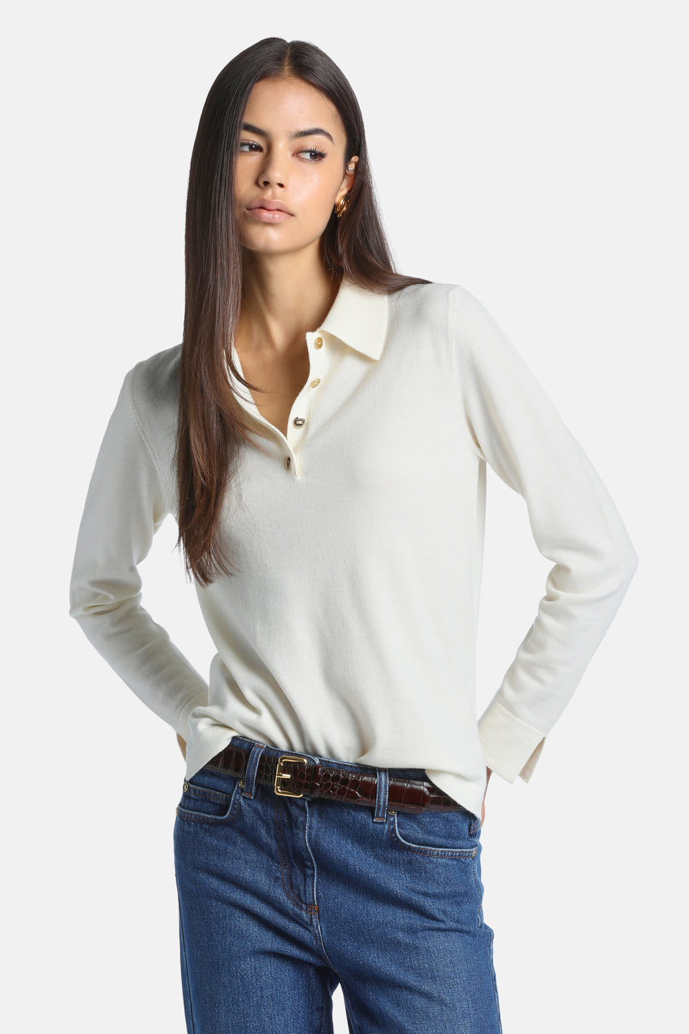 Macaria Pure Wool Polo Sweater in Cream, primary view [fp-color:cream]