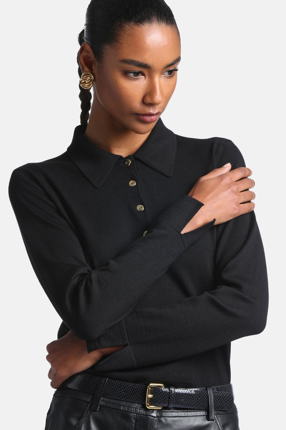 Macaria Pure Wool Polo Sweater in Black, primary view