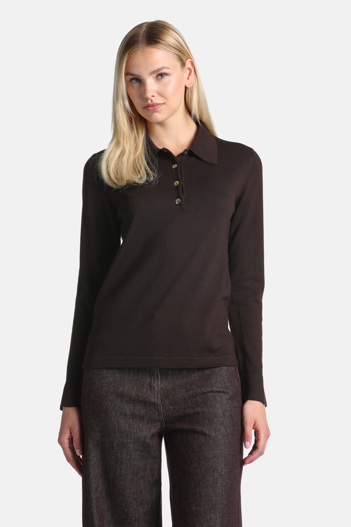 Macaria Pure Wool Polo Sweater in Brown, primary view