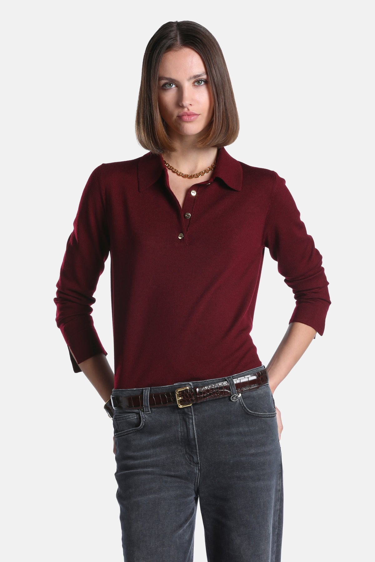 Macaria Pure Wool Polo Sweater in Burgundy, primary view