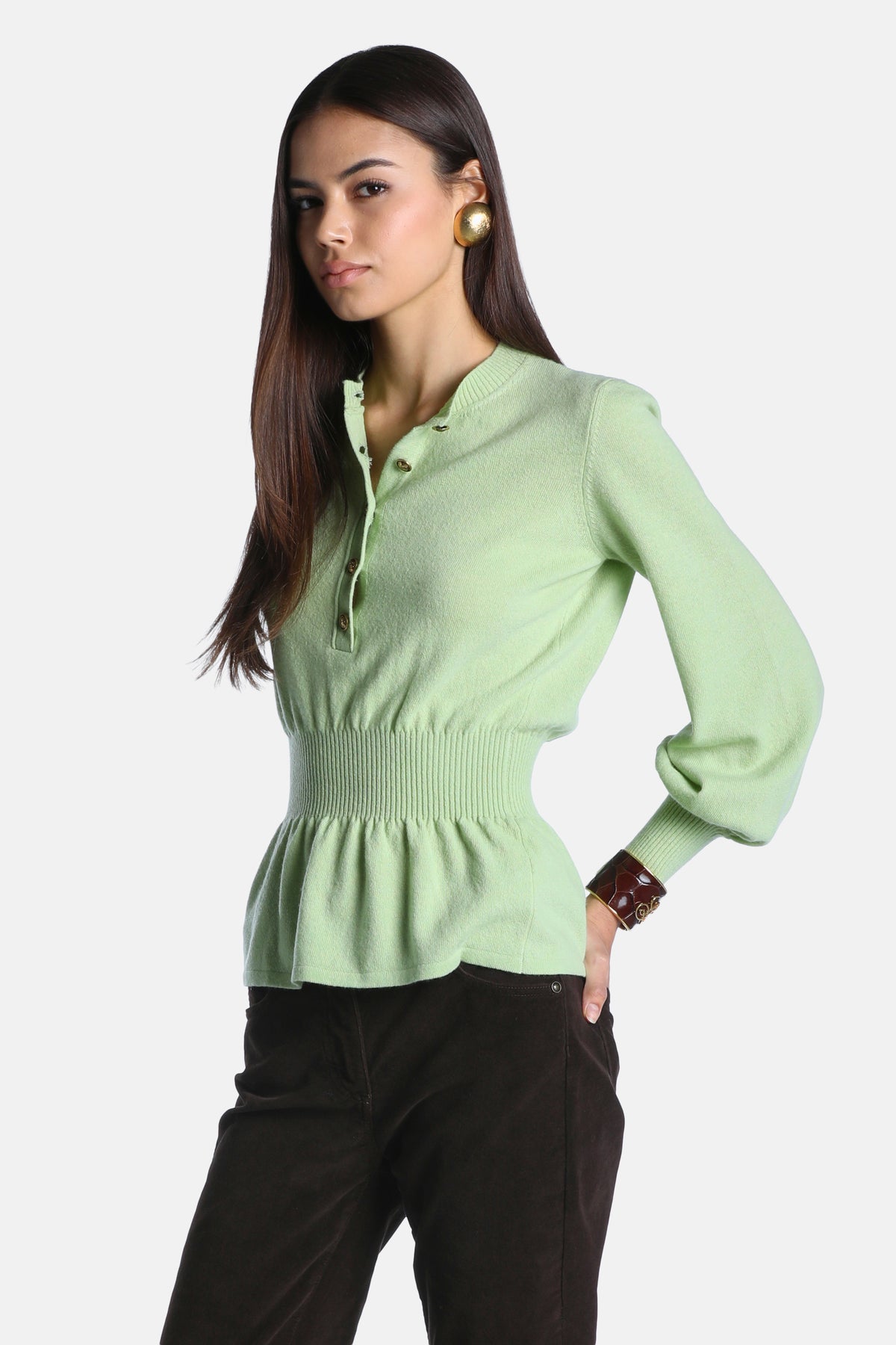 Cassina Henley Sweater With Peplum Hem in Light Green, primary view